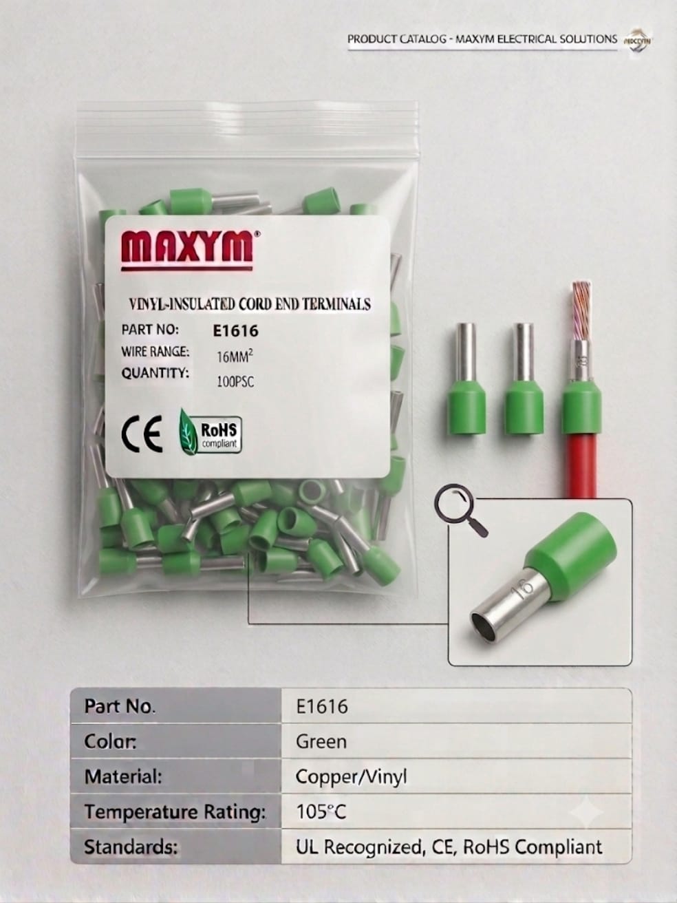 TERMINAL MANGUITO VERDE E16-18 6AWG X100 MAXYM