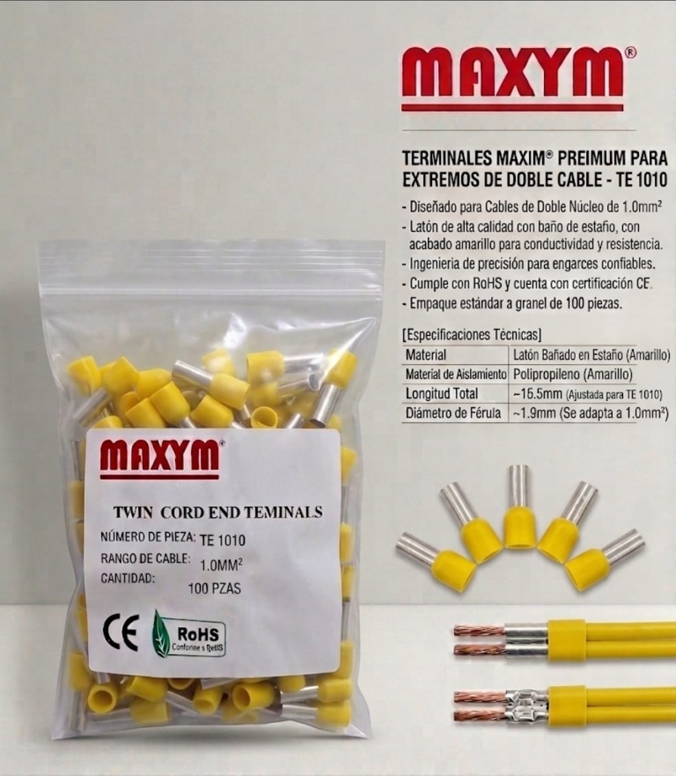 TERMINAL MANGUITO DOBLE AMARILLO TE-1010 22AWG X100 MAXYM