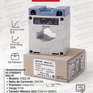 MSQ-30 200/5A TRANSFORMADOR DE CORRIENTE P/BARRA DE COBRE CLASS 1.0 50-60HZ MAXYM